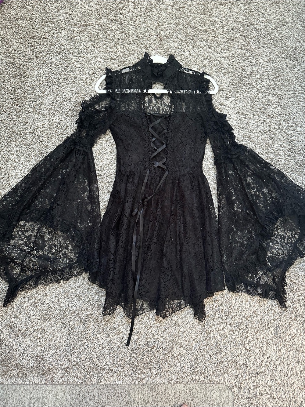 Dark In Love Black Lace Gothic Cold-Shoulder Dress with Bell Sleeves